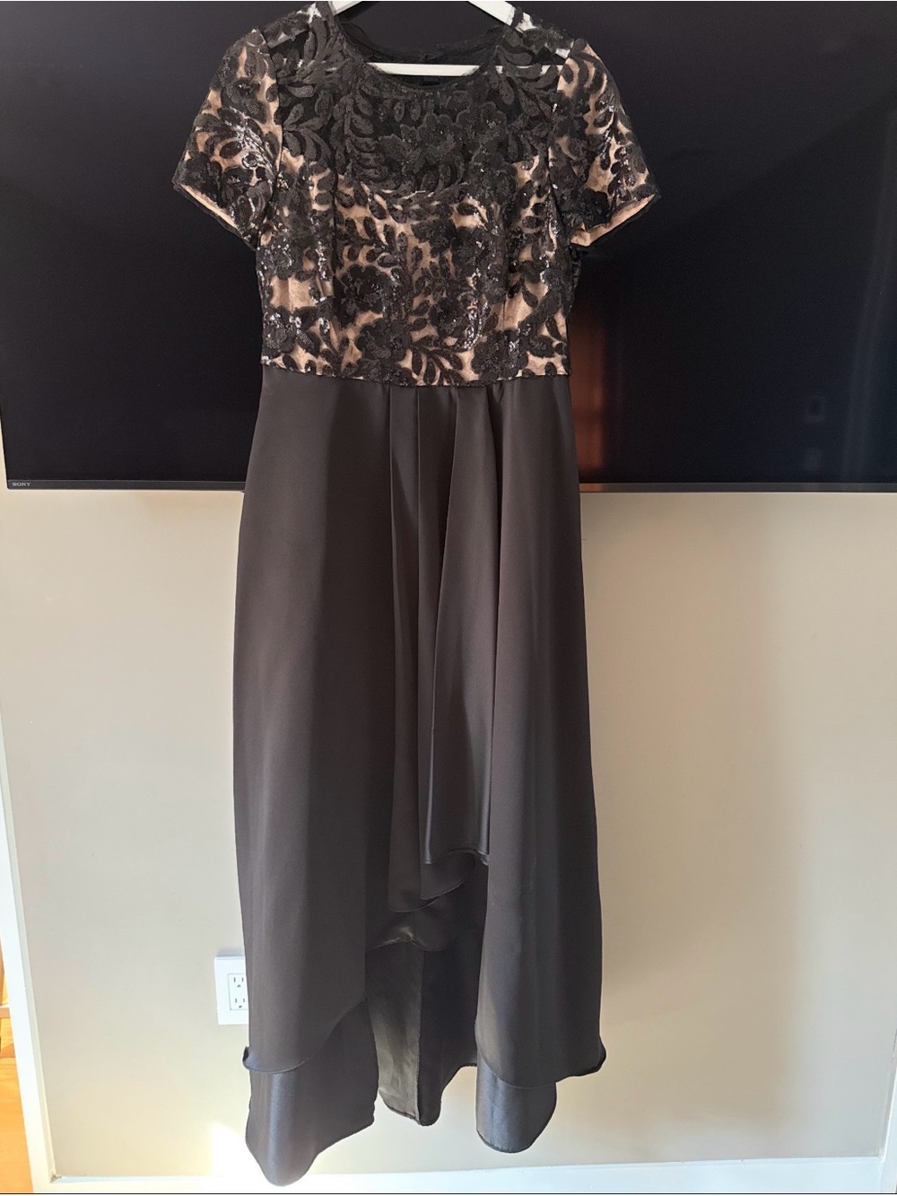 R&M Richards Black and Nude Lace High-Low Dress